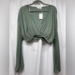 NWT Elodie Green Ribbed Wrap Crop Top Long Sleeve Size Small (Flaw)